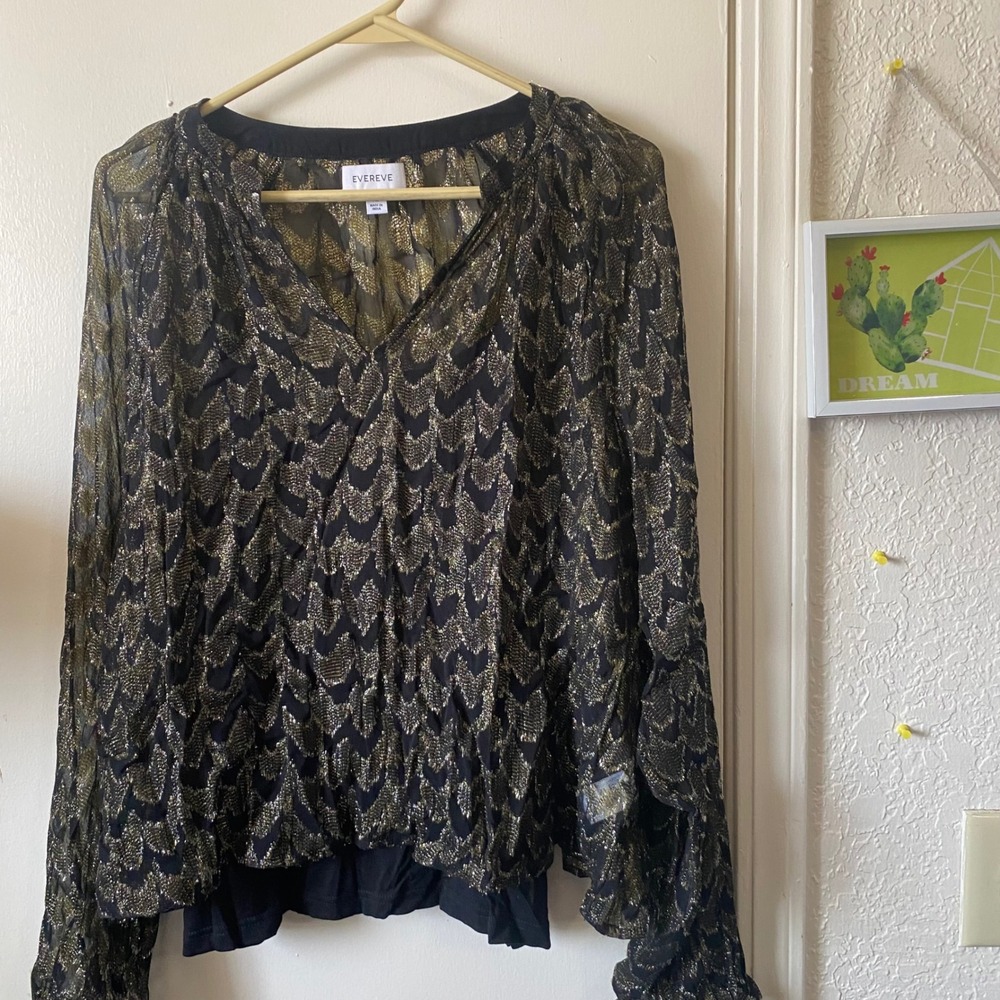Evereve Black &‎ Gold Metallic Sheer Blouse - Long Sleeve V-Neck Top XL